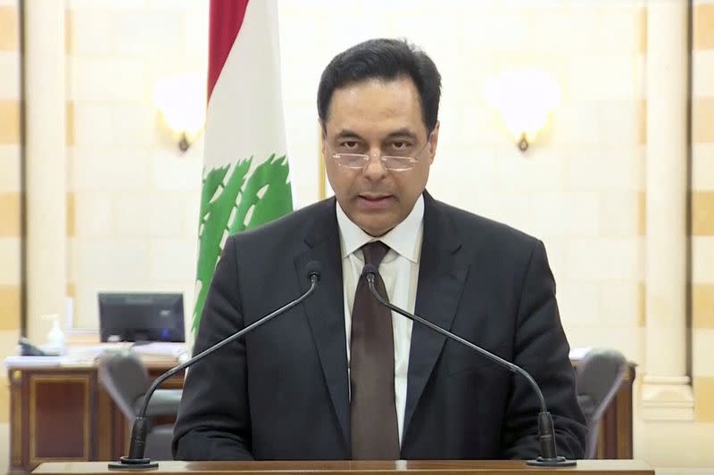 Lebanon's Prime Minister Hassan Diab speaks at the government palace in Beirut,