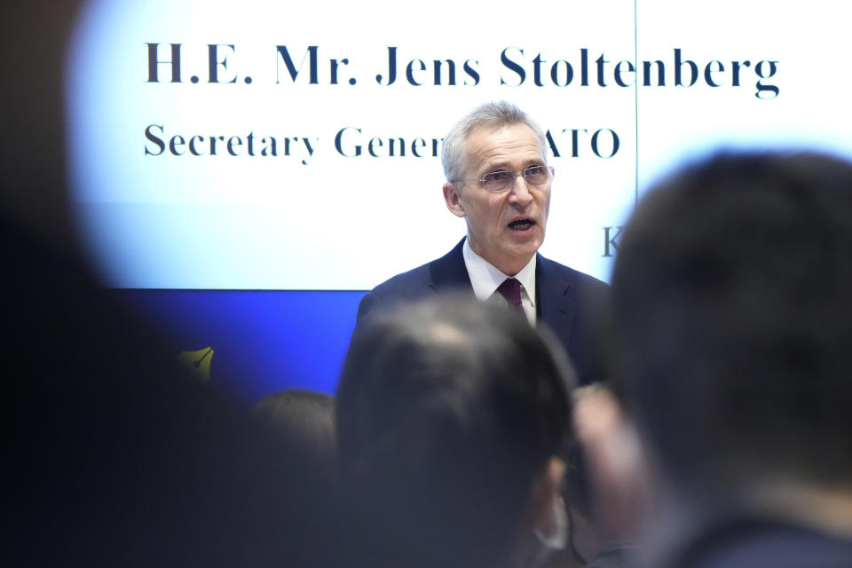 NATO Secretary-General Jens Stoltenberg delivers a speech at Keio University in Tokyo, Wednesday, Feb. 1, 2023. (AP Photo/Eugene Hoshiko)