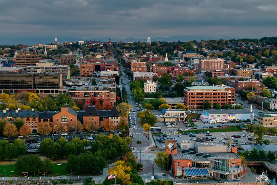 Aerial View from Lakeshore Looking Along Streets in Burlington, Vermont