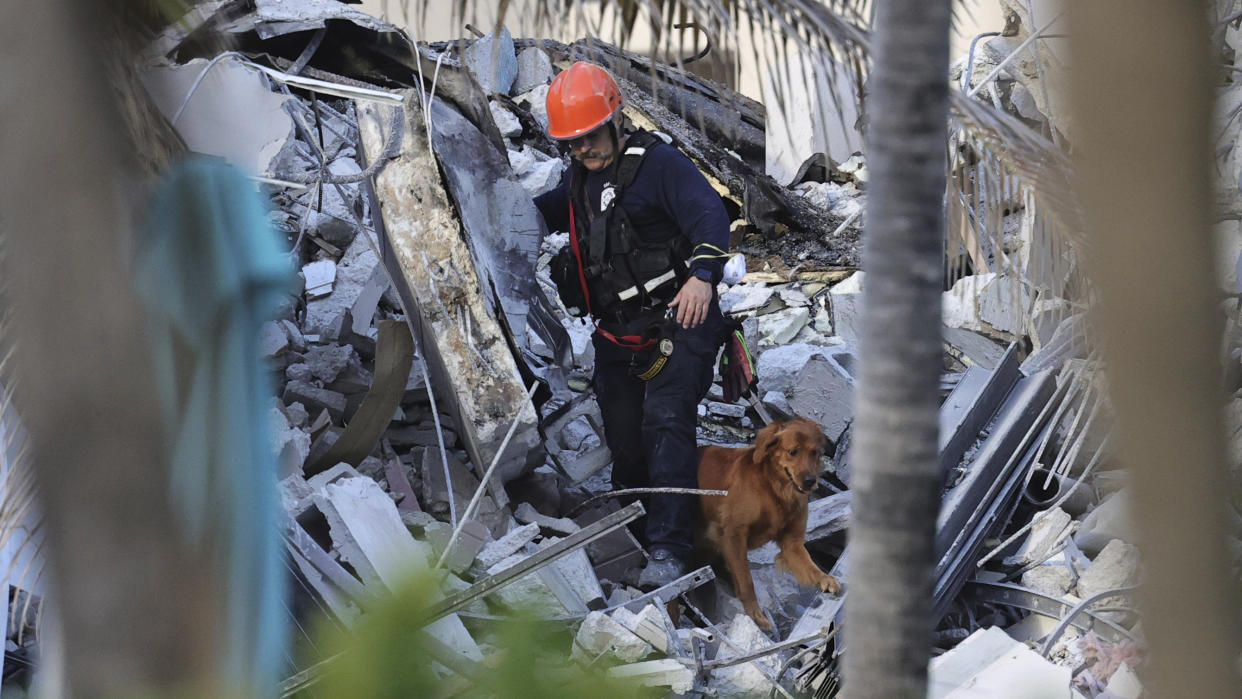A rescue worker searches the rubble for survivors with a dog after an apartment building partially collapsed in Surfside, Fla., Thursday. (David Santiago/Miami Herald via AP)