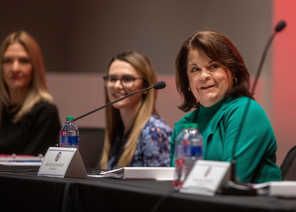 Florida Sen. Colleen Burton, right, speaks during the Polk County legislative delegation's annual pre-session public meeting Friday afternoon at the Polk State College Center for Public Safety in Winter Haven.