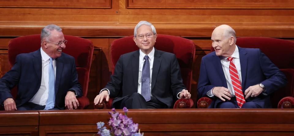 Elder Ulisses Soares, Elder Gerrit W. Gong and Elder Dale G. Renlund talk prior to the 193rd Semiannual General Conference of The Church of Jesus Christ of Latter-day Saints at the Conference Center in Salt Lake City on Sunday, Oct. 1, 2023. | Jeffrey D. Allred, Deseret News