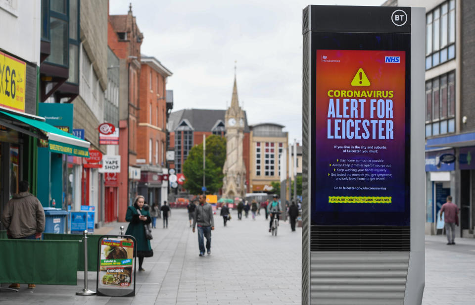 Gallowtree Gate in Leicester, where localised coronavirus lockdown restrictions have been in place since June 29, with non-essential shops ordered to close and people urged not to travel in or out of the area. Health Secretary Matt Hancock is due to decide whether to make changes to Leicester's lockdown after examining the latest coronavirus data. (Photo by Joe Giddens/PA Images via Getty Images)