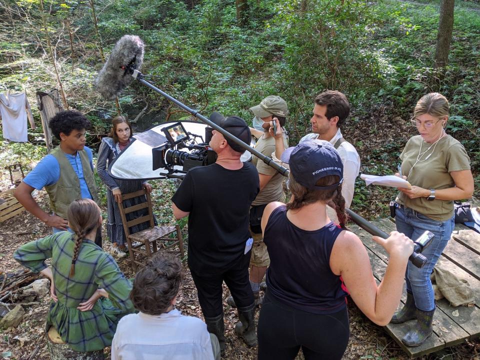 FILE - From left, actors Caleb Baumann of Atlanta and Reagan Shumate during filming of the family adventure "The Skeleton's Compass" in Georgia during the summer of 2020.