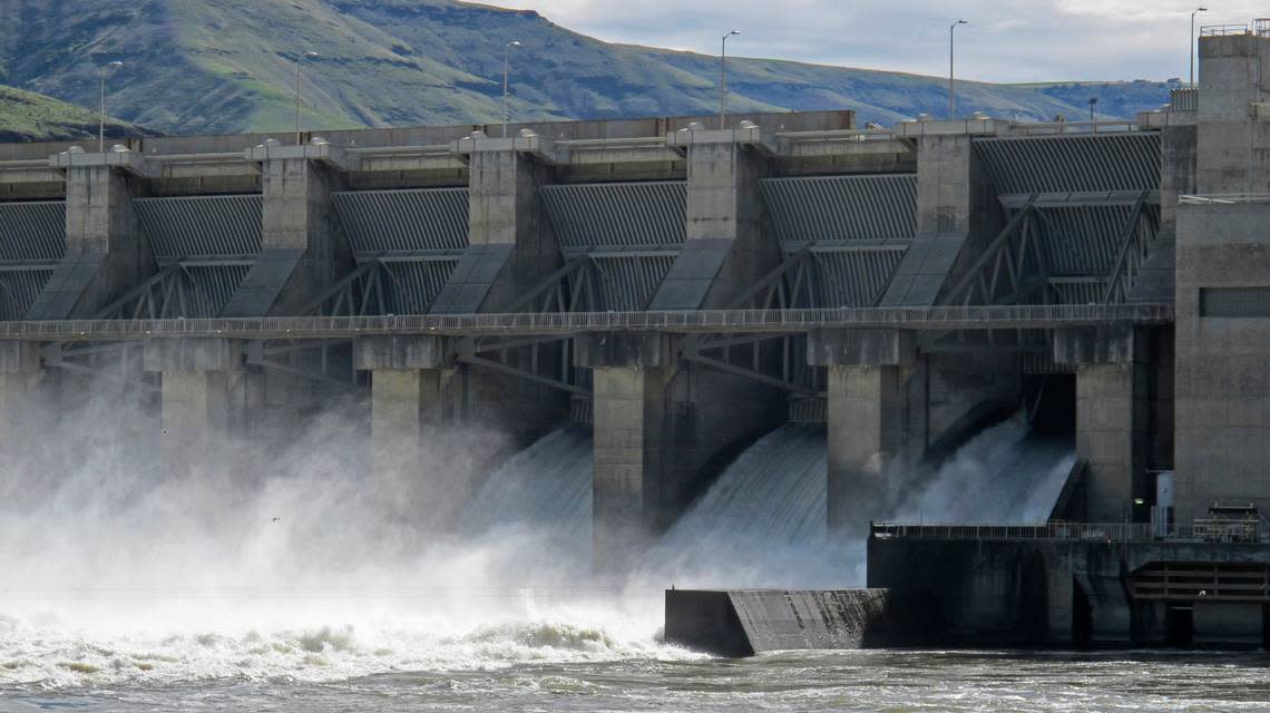 Water moves through a spillway of the Lower Granite Dam on the Snake River near Almota, Wash. It is one of the four lower Snake River dams in Eastern Washington being considered for breaching.
