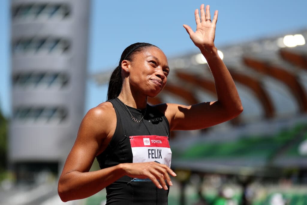 Allyson Felix reacts after finishing in sixth place in the women’s 400 meter final during the 2022 USATF Outdoor Championships at Hayward Field on June 25, 2022 in Eugene, Oregon. (Photo by Steph Chambers/Getty Images)