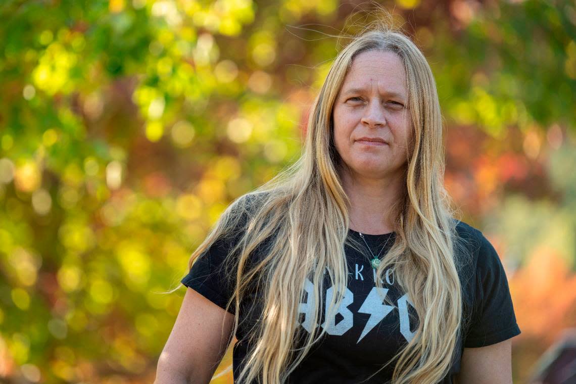 Ella Christiansen, a former teacher at Rainy Dayz Preschool, poses for a portrait at Sehmel Park in Gig Harbor, Wash., on Wednesday, Oct. 12, 2022. Christiansen said that when the school was in between stable locations it they would hold class in the park.