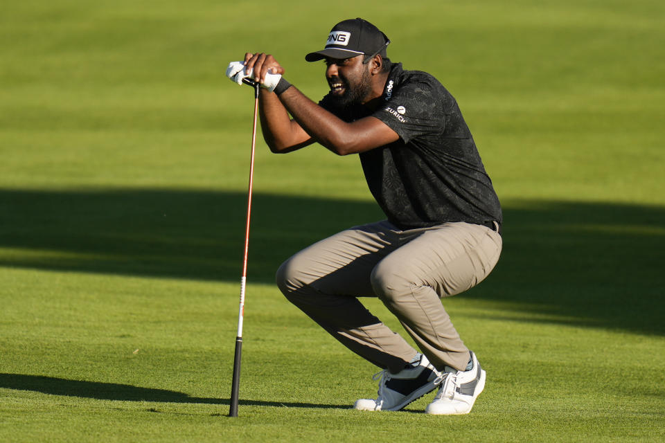 Sahith Theegala reacts to his shot from the fairway on the 18th hole during the third round of the PGA Championship golf tournament at the Valhalla Golf Club, Saturday, May 18, 2024, in Louisville, Ky. (AP Photo/Jeff Roberson)