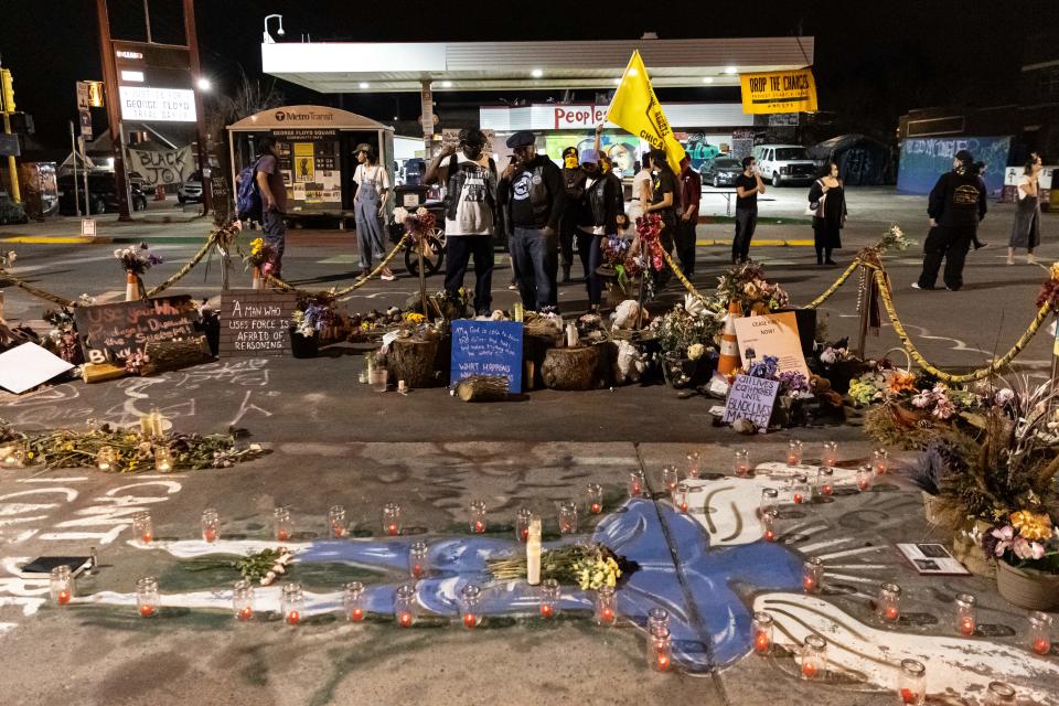 Activists visit George Floyd Square on April 5, 2021 in Minneapolis, Minnesota as the trial continues. Source: Getty