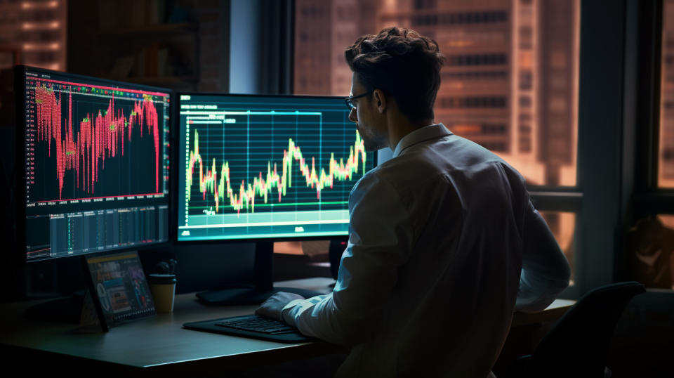 A data analyst in front of a computer monitor, analyzing a series of financial trends.