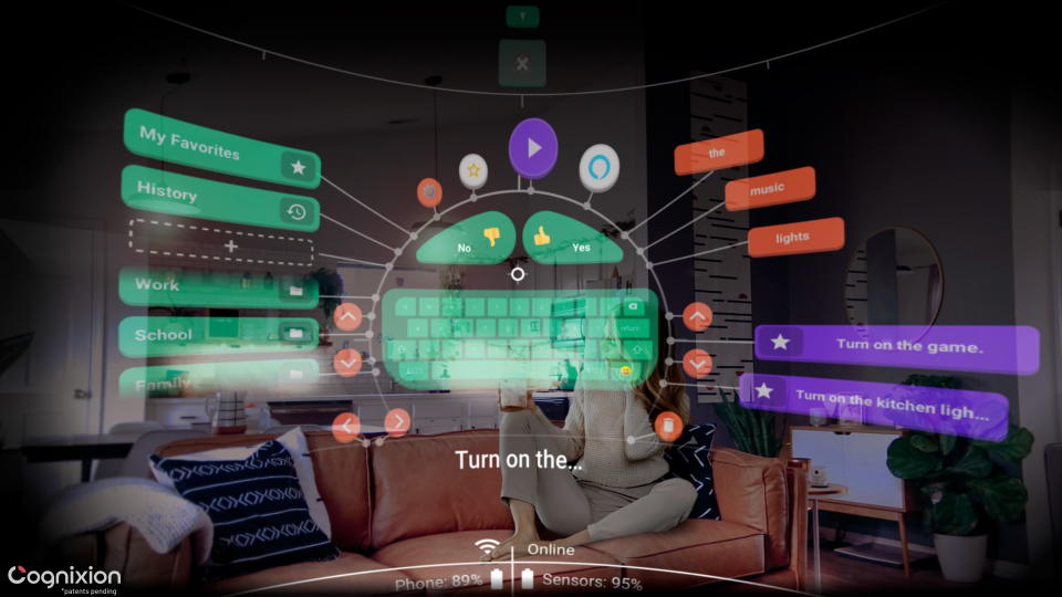 Image of the target Cognixion interface as it might appear to a user, with buttons for yes, no, phrases and tools.