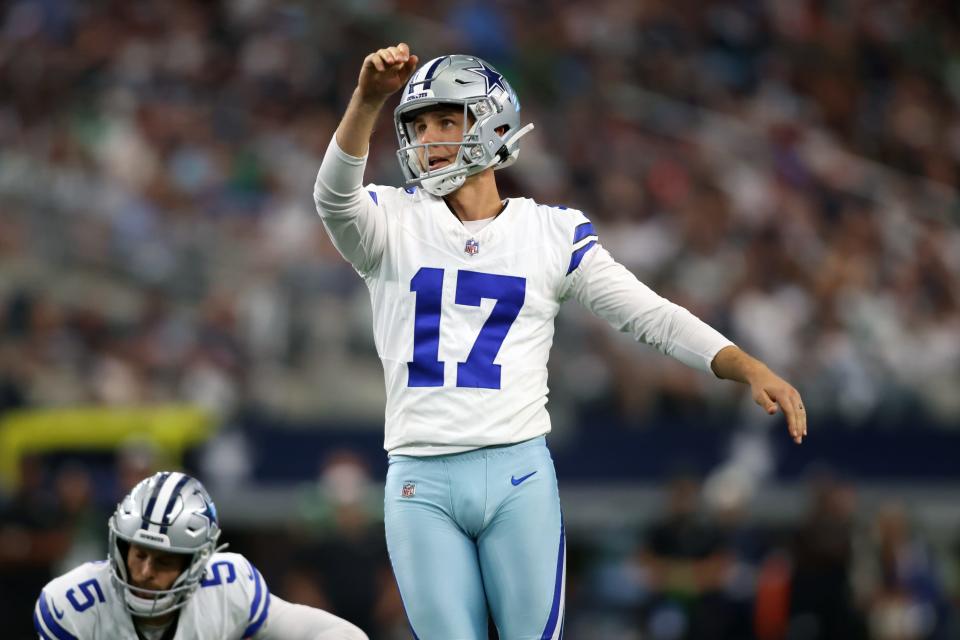 Dallas Cowboys place kicker Brandon Aubrey watches his field goal in the fourth quarter against the New York Jets at AT&T Stadium.