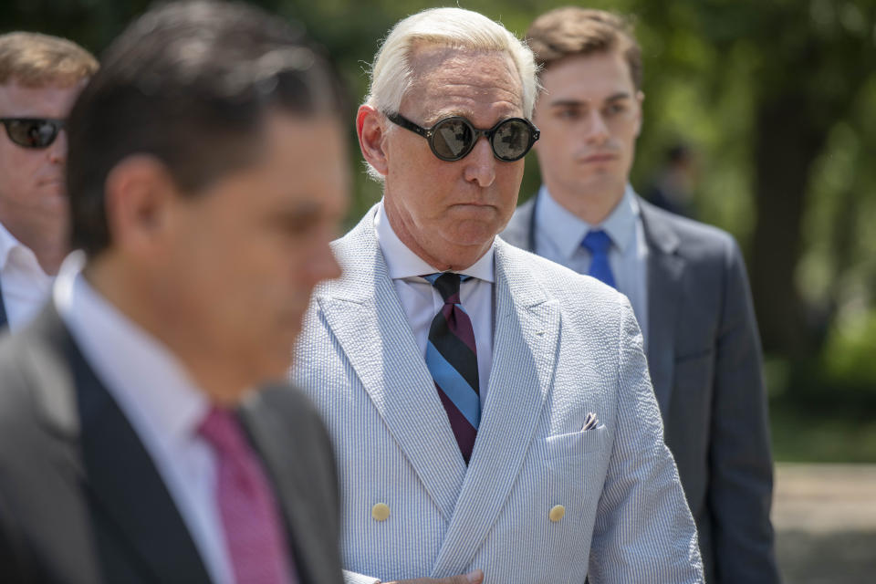 Roger Stone, a longtime confidant of President Donald Trump leaves federal court in Washington, Tuesday, July 16, 2019. (AP Photo/Sait Serkan Gurbuz)