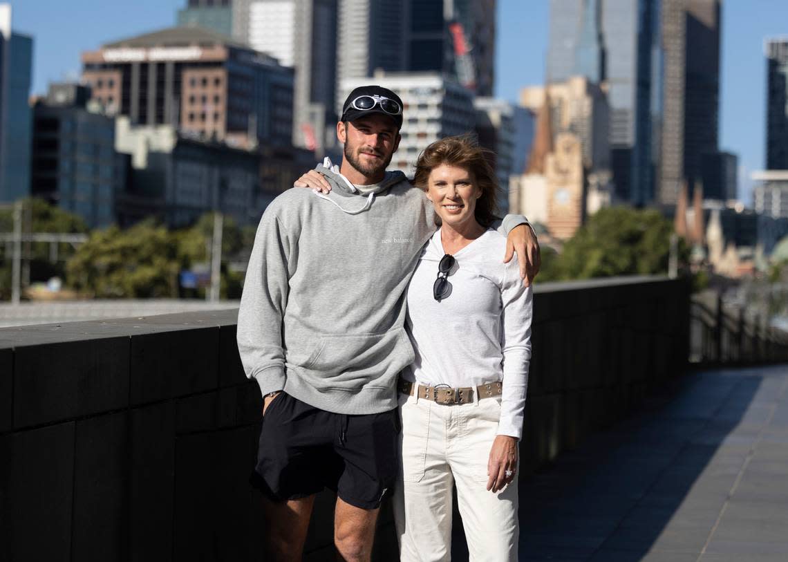 Tommy Paul, left, of the U.S. walks with his mother Jill along the Yarra River in Melbourne, Australia, Thursday, Jan 26, 2023. Paul will play Novak Djokovic of Serbia in a semifinal at the Australian Open, here Friday, Jan. 27.