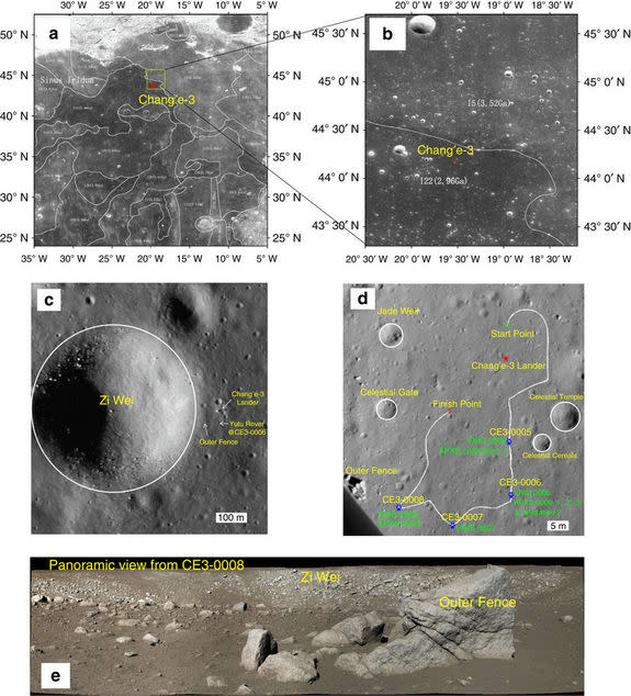 Location of the Chang’e-3 landing site. (a) Chang’e-1 CCD image with boundaries of typical mare basalt units7. (b) Chang’e-2 CCD image and (c) LROC NAC image (LROC NAC M1142582775R). (d) The traverse map of the Yutu rover and the locations of A