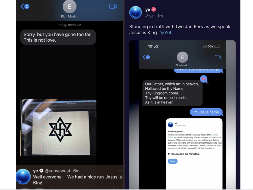 screenshots of texts between Elon Musk and Kanye West 