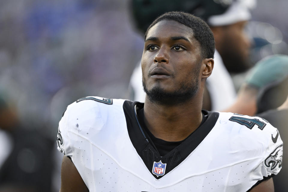 Philadelphia Eagles linebacker Myles Jack looks on from the sideline during the first half of an NFL preseason football game against the Baltimore Ravens, Saturday, Aug. 12, 2022, in Baltimore. (AP Photo/Terrance Williams)