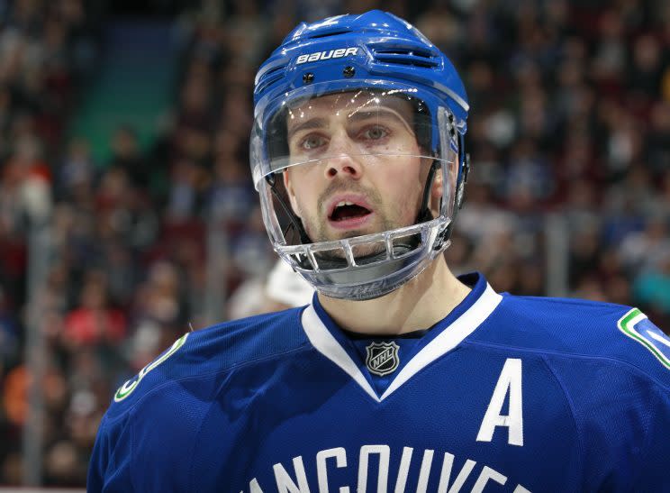 VANCOUVER, BC - FEBRUARY 18: Dan Hamhuis #2 of the Vancouver Canucks looks on from the bench during their NHL game against the Anaheim Ducks at Rogers Arena February 18, 2016 in Vancouver, British Columbia, Canada. (Photo by Jeff Vinnick/NHLI via Getty Images) 