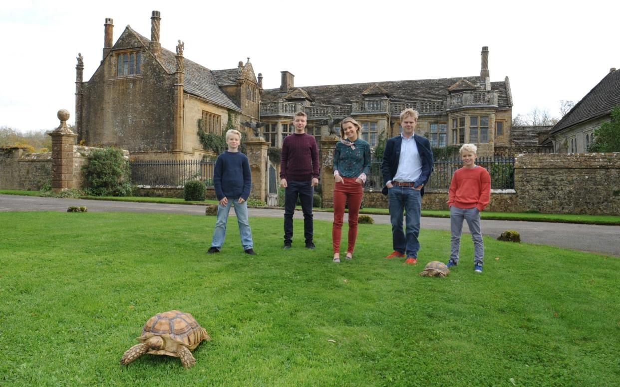 Luke and Julie Montagu at Mapperton with their sons William, Jack and Nestor (plus tortoises Percy and Peggy) - COPYRIGHT JAY WILLIAMS