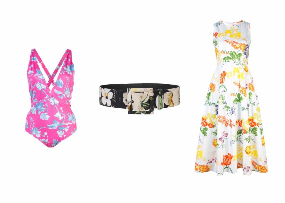 (L-R): Swimsuit; $350. Belt; $490. Dress; $1,490.