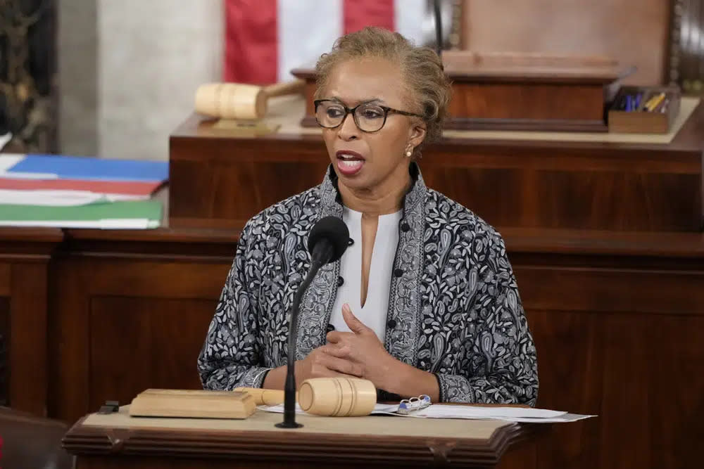 Clerk of the House Cheryl Johnson speaks in the House chamber as the House meets for a second day to elect a speaker and convene the 118th Congress in Washington, Wednesday, Jan. 4, 2023. (AP Photo/Andrew Harnik)