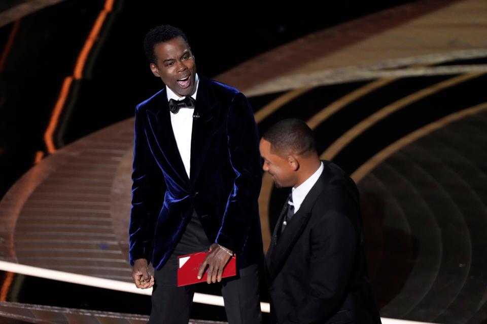 After Oscars presenter Chris Rock makes a crack about Jada Pinkett Smith's hairstyle, Will Smith takes to the stage and slaps the comedian during the 94th Academy Awards in 2022.