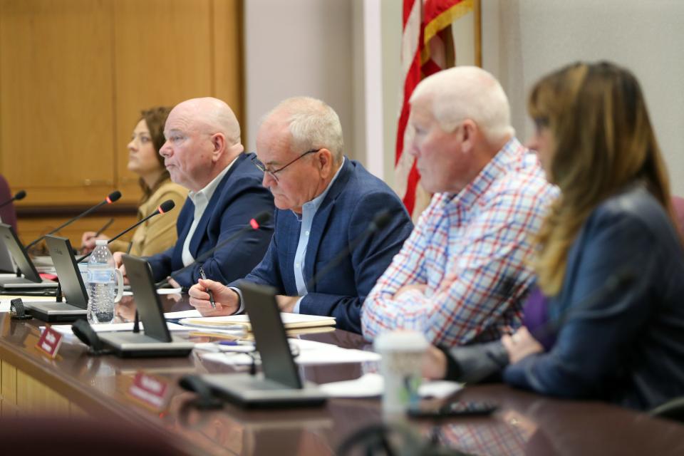In this March 6, 2023, photo, Tippecanoe County Commissioners listen to public comment during a monthly commissioners meeting, in Lafayette, Ind.