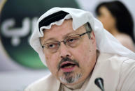 FILE - In this Dec. 15, 2014, file photo, Saudi journalist Jamal Khashoggi speaks during a news conference in Manama, Bahrain. A Saudi dissident has accused NSO Group in a lawsuit of helping his country take over his smartphone and spy on his communications with Saudi journalist Jamal Khashoggi, who was killed by a hit squad and dismembered in the Saudi consulate in Istanbul in 2018. (AP Photo/Hasan Jamali, File)