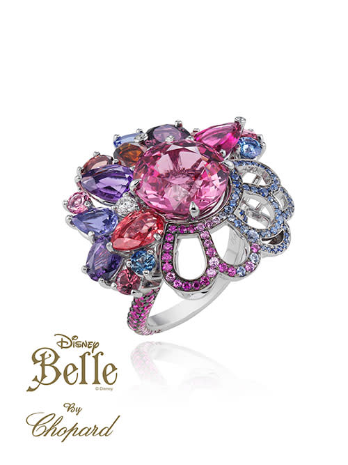 <b>Belle </b><br><br>Strong shades of magenta feature in Belle’s massive sparkling ring.