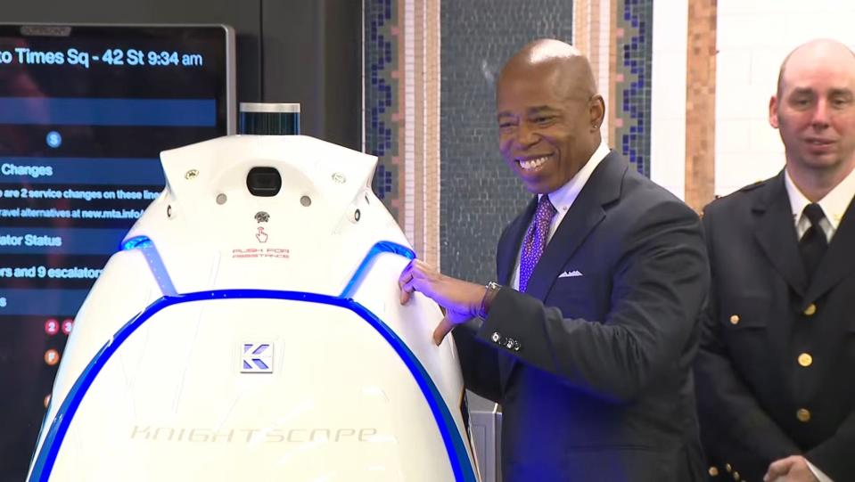 New York City Mayor Eric Adams introduced the Knightscope 5, a robot that will patrol the Times Square subway station during a two-month trial, during a press conference with city officials on Sept. 22, 2023.