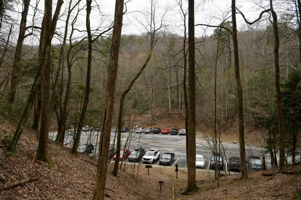 The parking are for the Laurel Falls trailhead in the Great Smoky Mountains National Park.