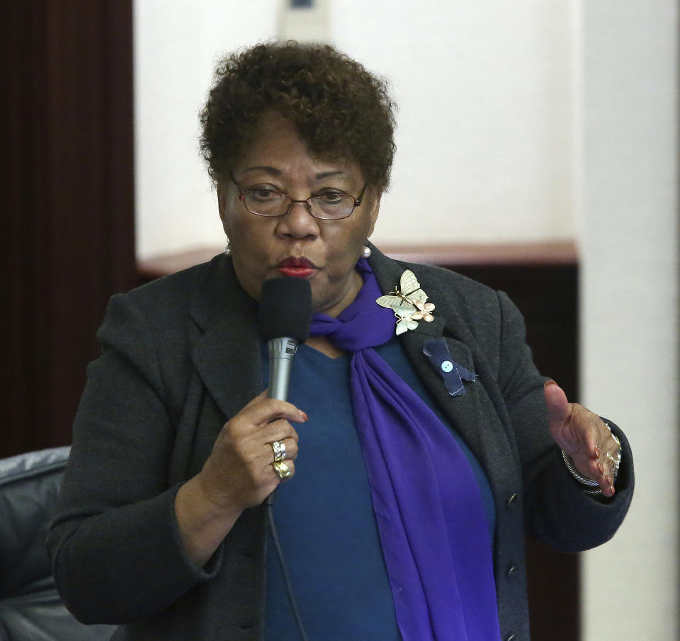 Rep. Geraldine Thompson, D-Windermere, debates the felon voting rights bill during session Wednesday April 24, 2019, in Tallahassee, Fla. (AP Photo/Steve Cannon)