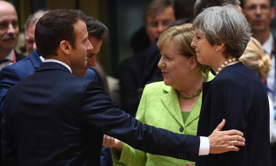 Emmanuel Macron Angela Merkel and Theresa May at the European Union leaders’ summit.