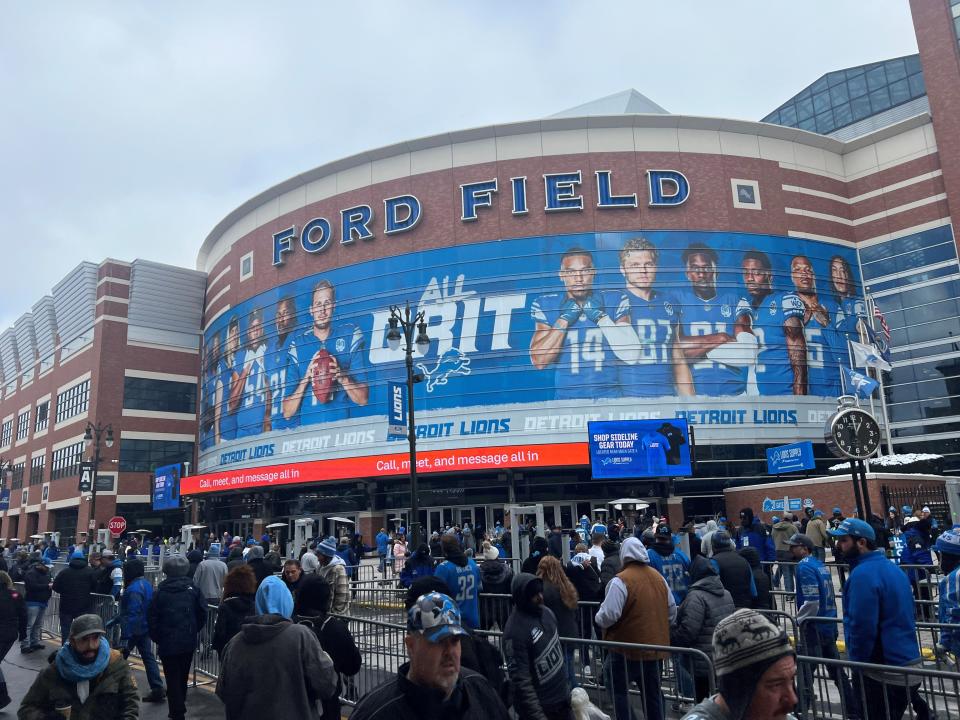 Ford Field's exterior before the Detroit Lions' victory over the Tampa Bay Buccaneers on Sunday.