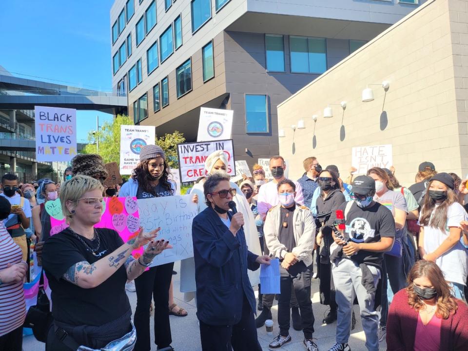 Joey Soloway speaks at the Netflix rally Wednesday - Credit: Dominic Patten/Deadline