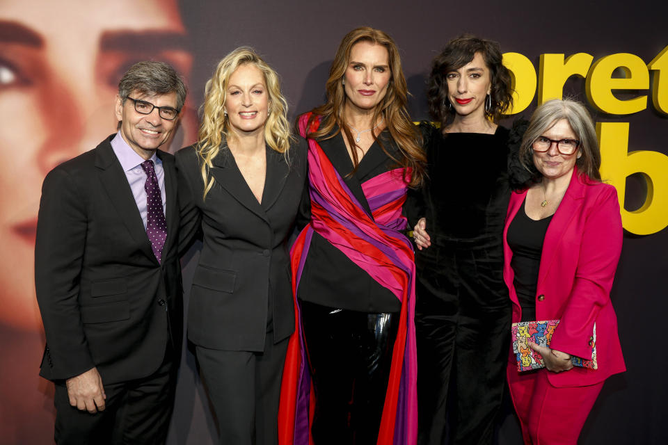 Producers George Stephanopoulos, from left, and Ali Wentworth, actor Brooke Shields, director Lana Wilson and producer Alyssa Mastromonaco attend the premiere of "Pretty Baby: Brooke Shields" at Alice Tully Hall on Wednesday, March 29, 2023, in New York. (Photo by Andy Kropa/Invision/AP)