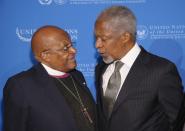 Annan pictured in 2012 with fellow Nobel laureate Desmond Tutu, who has called the ex-UN chief "an outstanding human being"