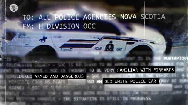 RCMP first warned other police forces in Nova Scotia that the suspect in the mass shooting should be considered 'armed and dangerous' at 1:07 a.m. AT on April 19, 2020, through a Be On the Lookout (BOLO) bulletin. They tweeted a photo of the gunman's replica car at 10:17 a.m. AT. (Photo Illustration/CBC News - image credit)