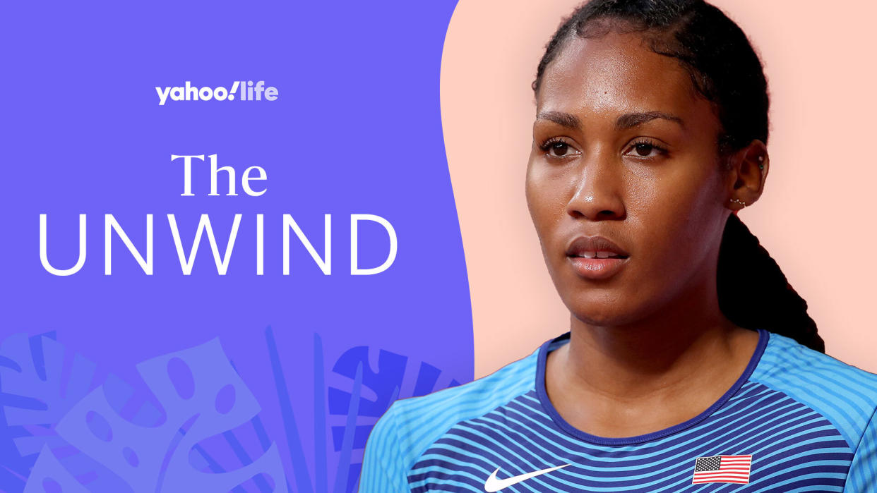 Ajee' Wilson opens up about the Olympics and her approach to mental health and wellness. (Photo: Getty; designed by Quinn Lemmers)