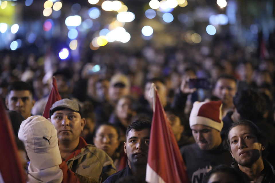 Supporters of National Crusade Party presidential candidate, Paraguayo Cubas, protest outside the Electoral Tribunal building, in Asuncion, Paraguay, Friday, May 5, 2023. Police on Friday detained Cubas, a far-right populist who came in third in Sunday’s presidential election and had alleged without evidence the vote was marred by fraud. (AP Photo/Jorge Saenz)