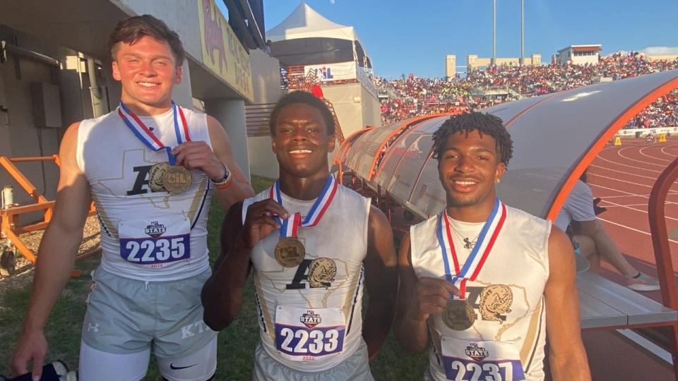 Amarillo High's 800 relay team of (from left) Jameson Garcia, J.Q. Ervin, and Xavin Landry. Tyreese Molden is not pictured.