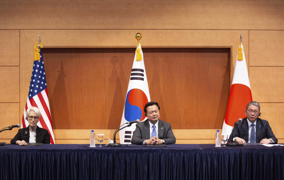 U.S. Deputy Secretary of State Wendy Sherman, South Korea's First Vice Foreign Minister Cho Hyun-dong and Japanese Vice Minister for Foreign Affairs Takeo Mori, speak during a joint news conference after their meeting at the Foreign Ministry in Seoul, South Korea, Wednesday, June 8, 2022. (Jeon Heon-Kyun/Pool Photo via AP)