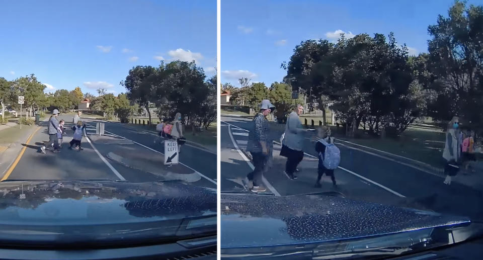 Women and children crossing the road