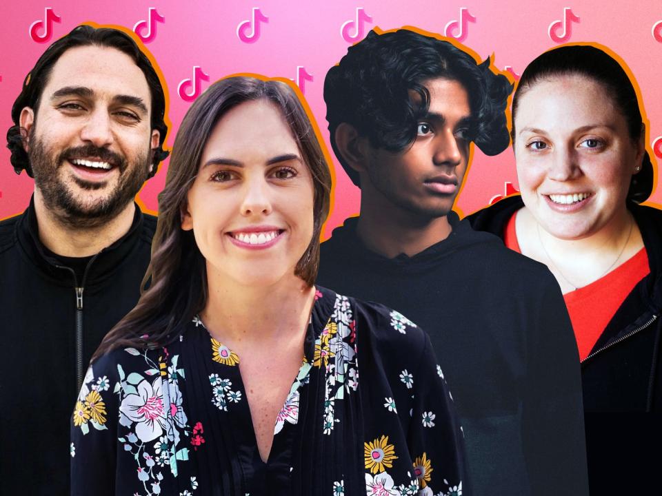 Headshots of Jahan Karimaghay, Haley Spencer, Sanu Hariharan, and Gaby Fainsilber against a pink gradient background with the TikTok musical note logo