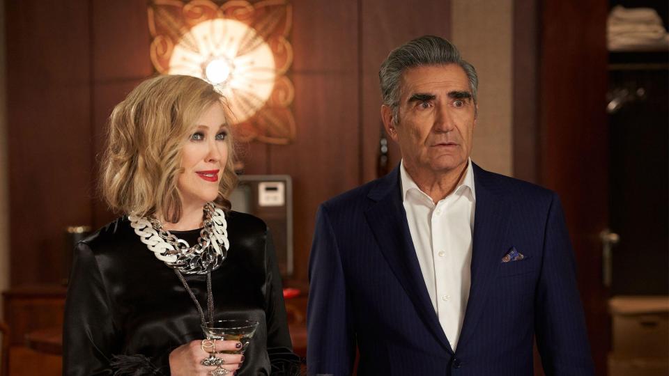 Catherine O'Hara as Moira Rose and Eugene Levy as Johnny Rose in Schitt's Creek