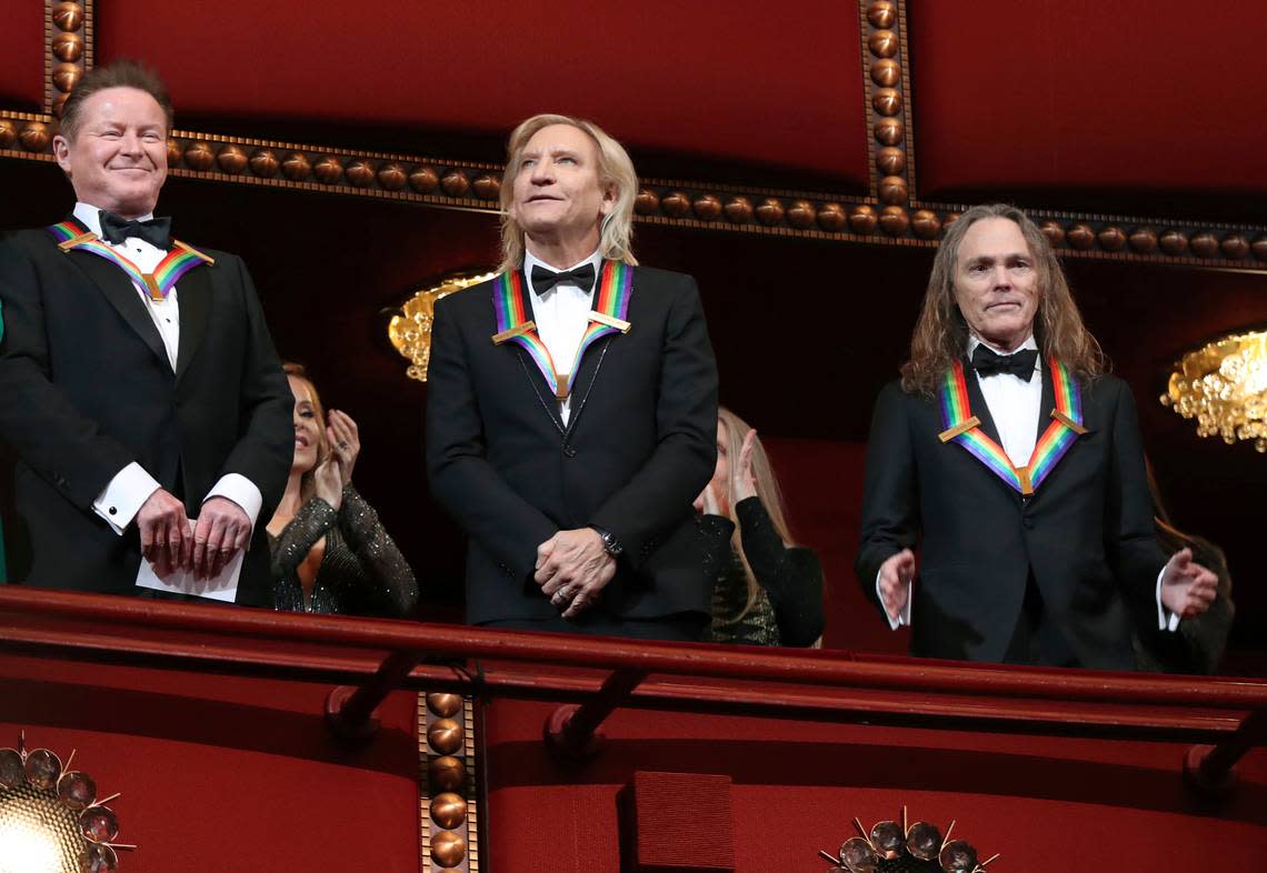 In 2016, members of the Eagles, from left, Don Henley, Joe Walsh and Timothy Schmit, won Kennedy Center Honors. The band is back on tour, coming to T-Mobile Center Nov. 23.