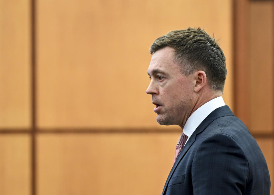 Defense attorney Casey Arbenz gives opening statements on behalf of defendant officer Matthew Collins during the trial of three Tacoma Police officers in the killing of Manny Ellis at Pierce County Superior Court, Monday, Nov. 13, 2023, in Tacoma, Wash. Tacoma Police Officers Christopher Burbank, Matthew Collins and Timothy Rankine stand trial for charges related to the March 2020 killing of Manny Ellis. (Brian Hayes/The News Tribune via AP, Pool)