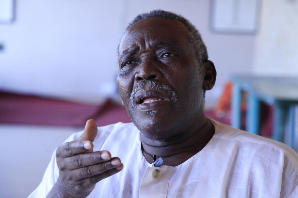 In this photo taken Tuesday, Sept, 17. 2013, Nollywood actor, Olu Jacobs speaks during an interview in Lagos, Nigeria. A 15-second drum roll and the title of the film, “Deceptive Heart,” comes crashing onto the screen in a groovy 1970s font. Less than 10 minutes into the Nollywood movie, the heart of plot is revealed: A woman has two boyfriends and doesn’t know what to do. The story moves as quickly as the film appears to have been shot. Some scenes are shaky, with cameras clearly in need of a tripod, and musical montages are often filled with pans of the same building. Most Nollywood movies are made in less than 10 days and cost about $25,000. (AP Photo/ Sunday Alamba)