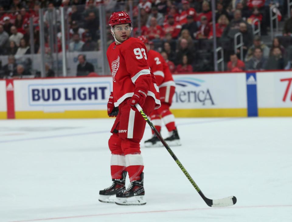 Red Wings right wing Alex DeBrincat skates against the Lightning during the first period on Saturday, Oct. 14 2023, at Little Caesars Arena.