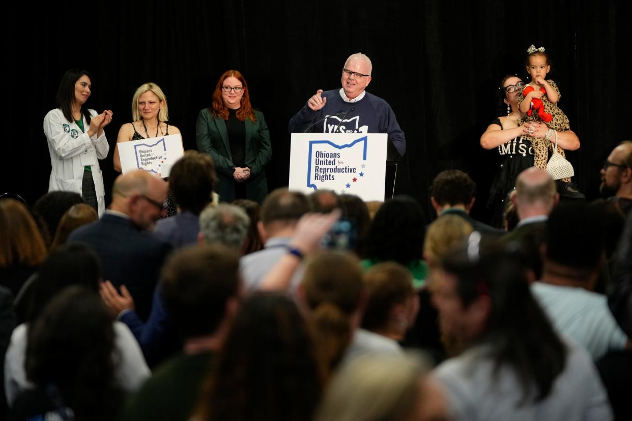 Nov 7, 2023; Columbus, Ohio, USA; J. Bennett “Ben” Guess of ACLU of Ohio speaks during a gathering for supporters of Issue 1 at the Hyatt Regency Downtown. The issue establishes a constitutional right to abortion.